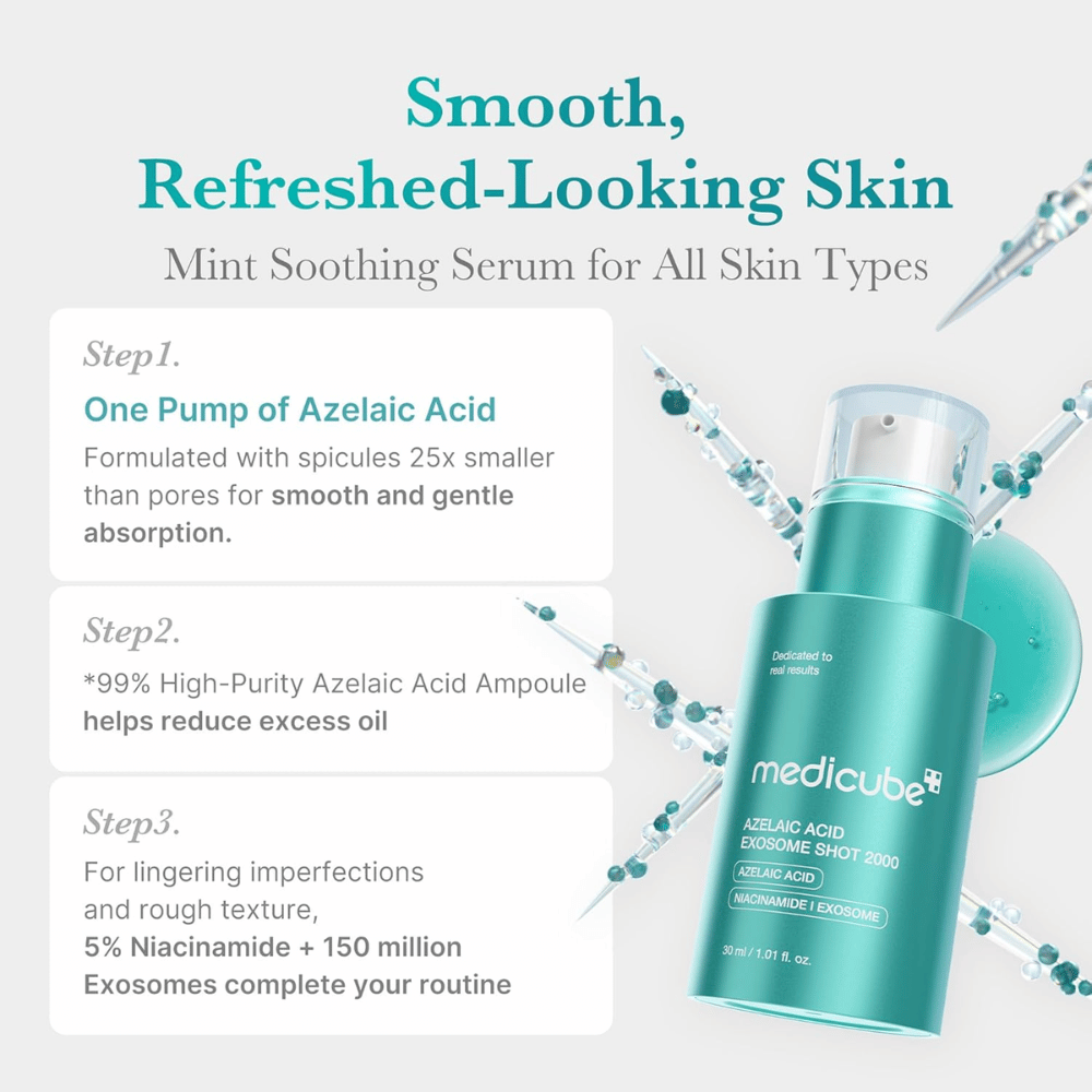 Informationsbild, das die Funktion des Serums beschreibt, für ein gleichmäßigeres und frischeres Hautbild zu sorgen. Es erklärt, dass ein Pumpstoß Spikel enthält, die deutlich kleiner als die Hautporen sind und so eine sanfte Absorption ermöglichen, während Azelainsäure, Niacinamid und Exosomen dabei helfen, überschüssiges Öl zu reduzieren und die Hautstruktur zu verbessern.