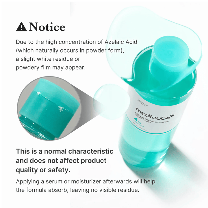Medicube Azelaic Acid Niacinamide Clear Toner die natürliche Kristallrückstände von Azelainsäure zeigt und erklärt, dass dies normal ist und die Qualität oder Sicherheit des Produkts nicht beeinträchtigt.