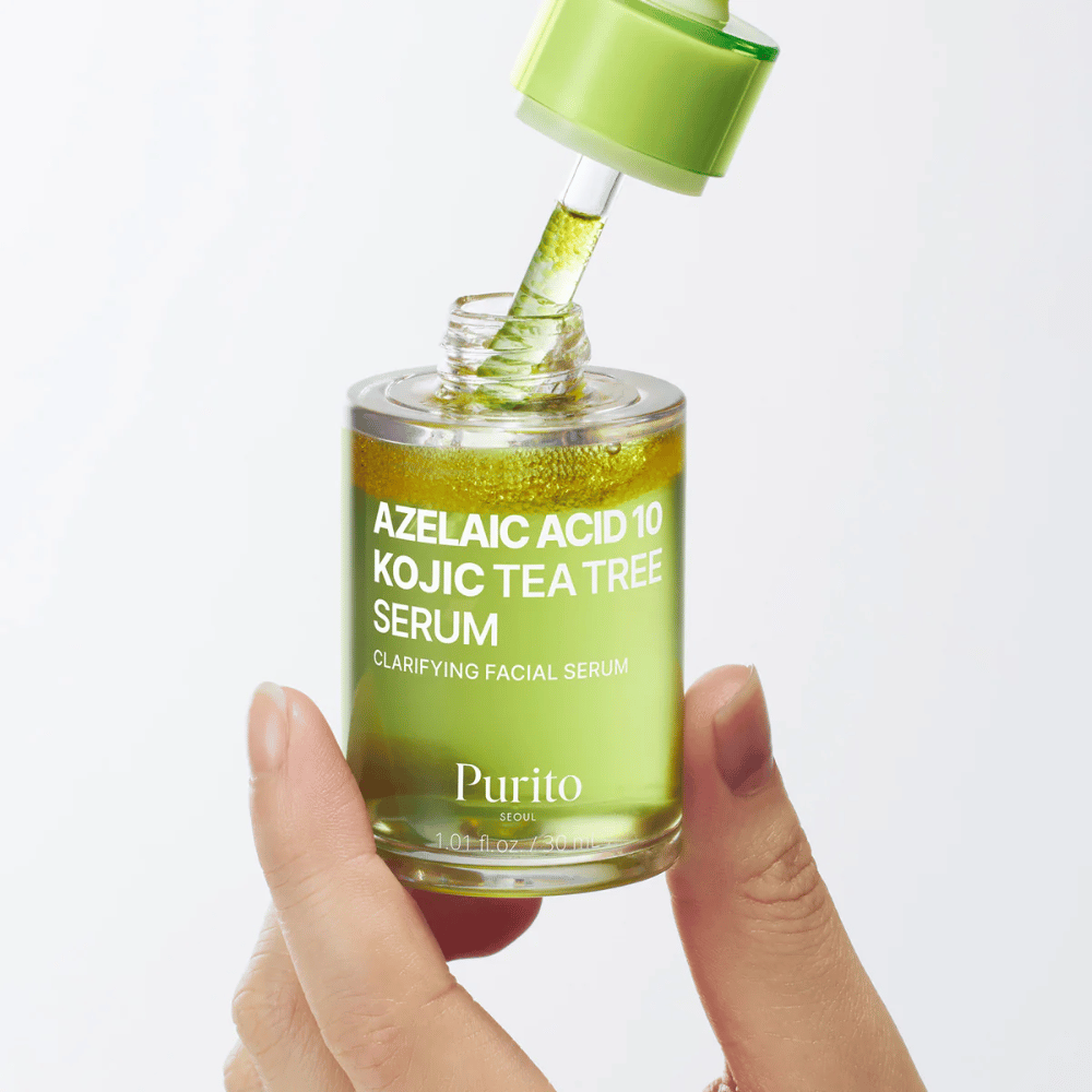 Purito Azelaic Acid 10 Kojic Tea Tree Serum – leichtes Serum mit Pipette. Enthält Azelainsäure, Kojic-Säure und tea tree für klarere Haut.