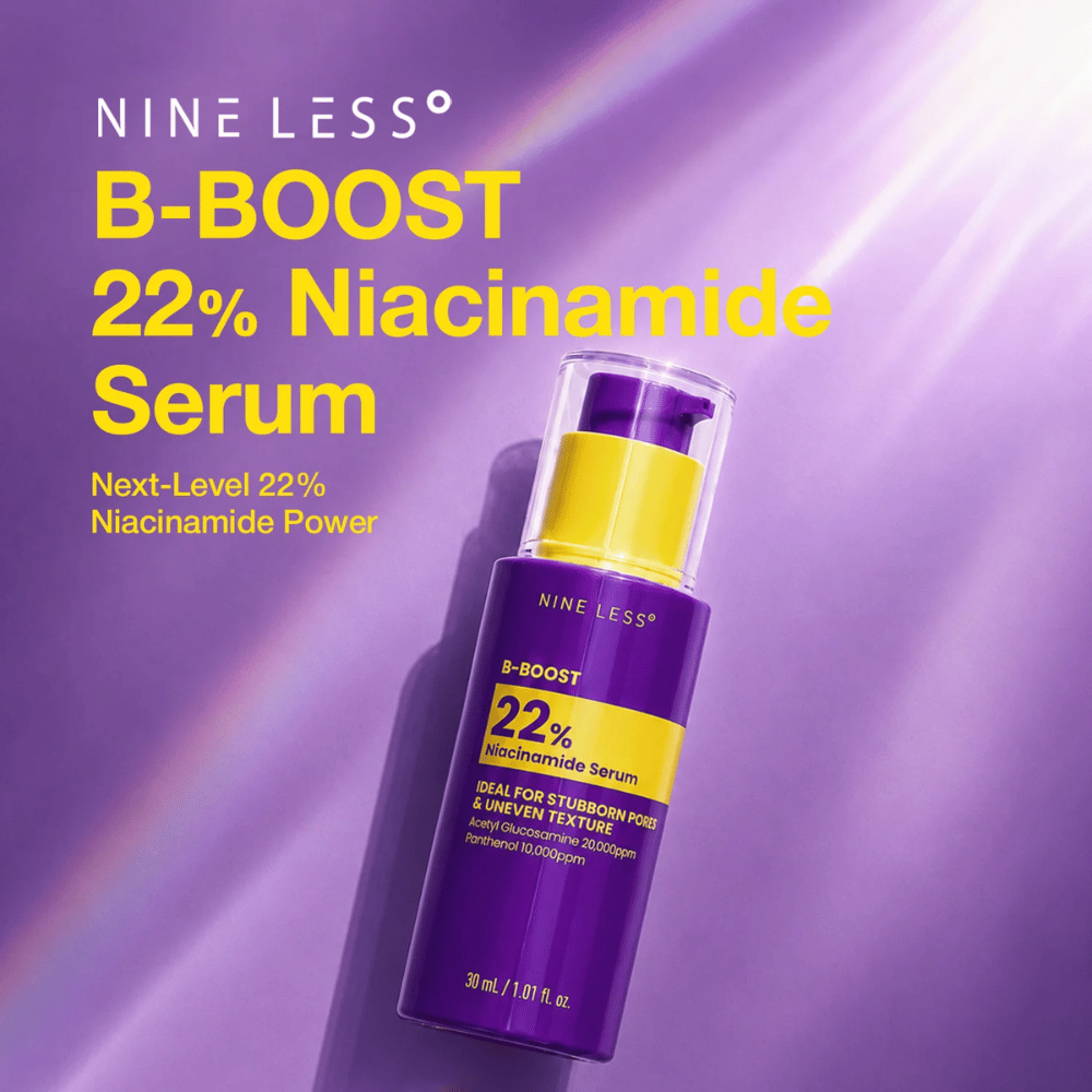 6. NINE LESS B-Boost 22% Niacinamide Serum – violette Serumflasche mit gelbem Etikett gegen sichtbare Poren
