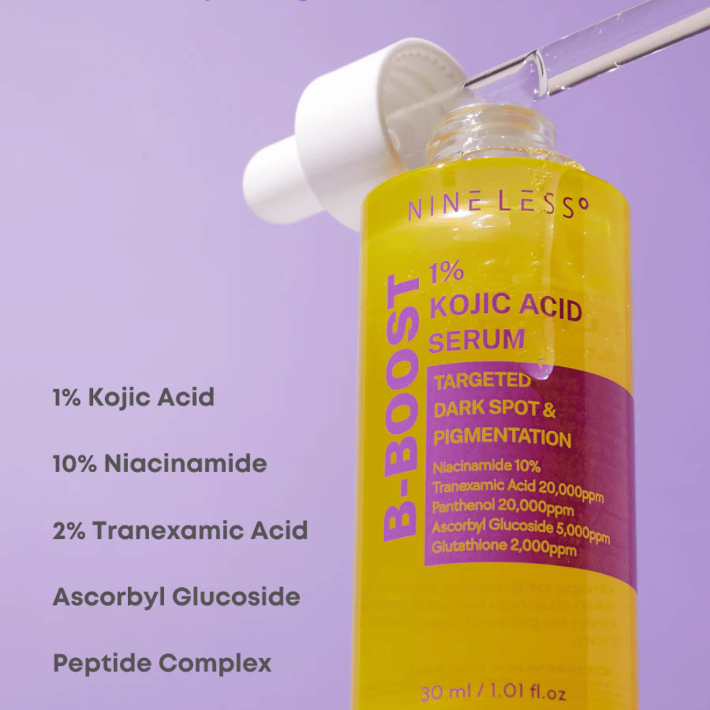 B-Boost 1% Kojic Acid Serum in Flaschen mit Pipette, für dunkle Flecken und Pigmentierung.