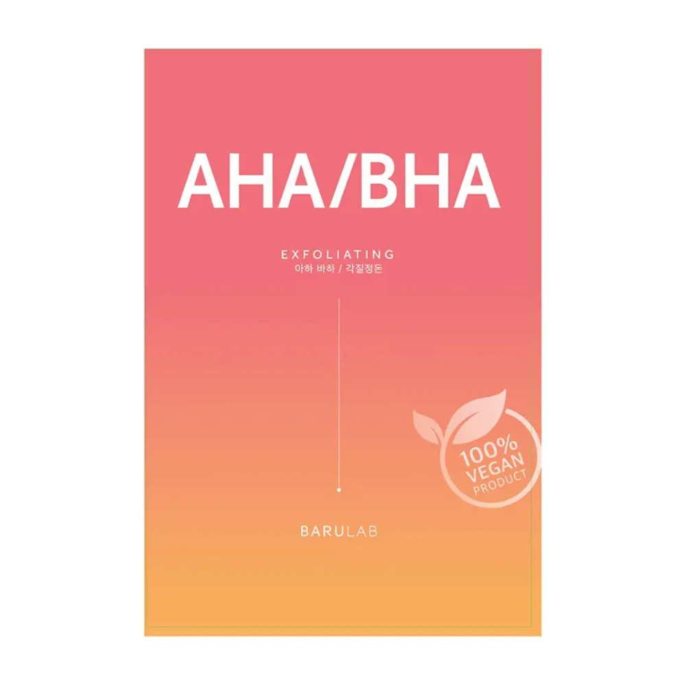 Eine BARULAB-Produktverpackung für eine "AHA/BHA Exfoliating"-Maske, notiert als "100% Vegan Product". Die Verpackung wechselt die Farbe von Rot zu Gelb.