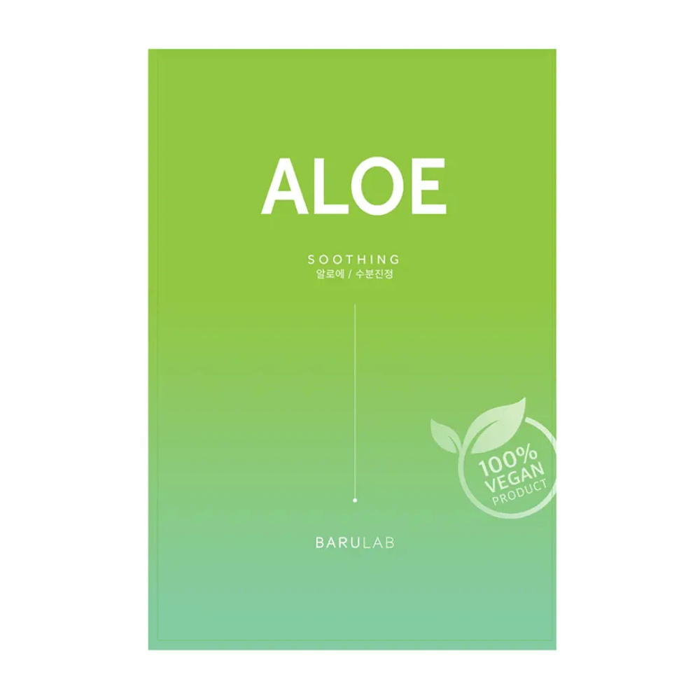 Eine Verpackung des BARULAB-Produkts "Aloe Soothing" Maske, die auch als "100% Vegan Product" gekennzeichnet ist. Die Verpackung ist einheitlich hellgrün in der Farbe.