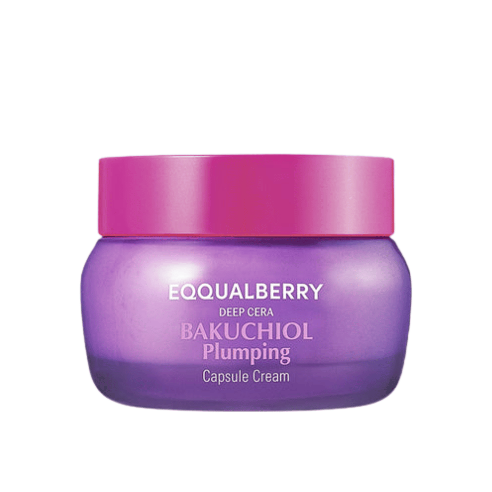 Produktbild von EQQUALBERRY Bakuchiol Plumping Capsule Cream in einem lila Behälter mit rosa Deckel – intensive Feuchtigkeit und Anti-Aging-Effekt.
