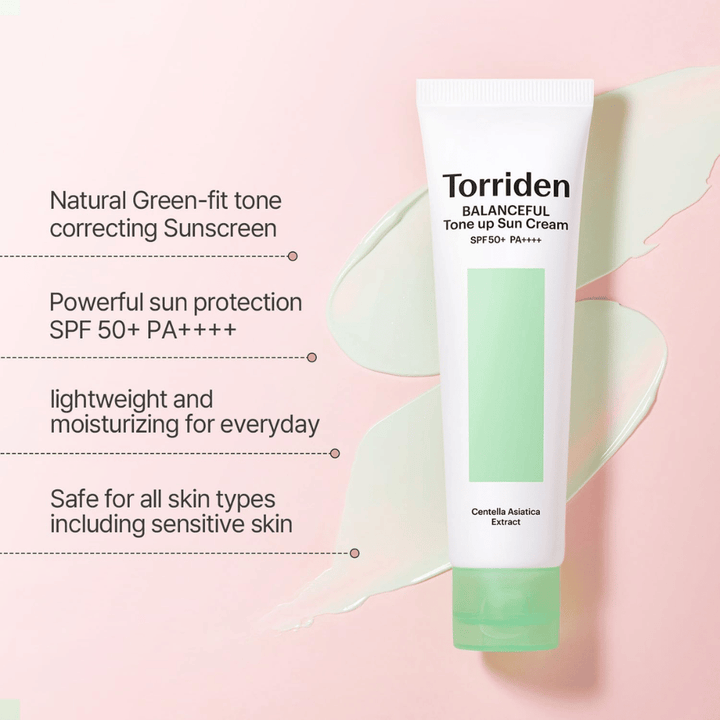 Torriden Balanceful Tone Up Sun Cream SPF50+ PA++++ mit grünem farbkorrigierendem Tone-up-Effekt, der hilft, Rötungen auszugleichen und einen natürlichen Glow zu verleihen.