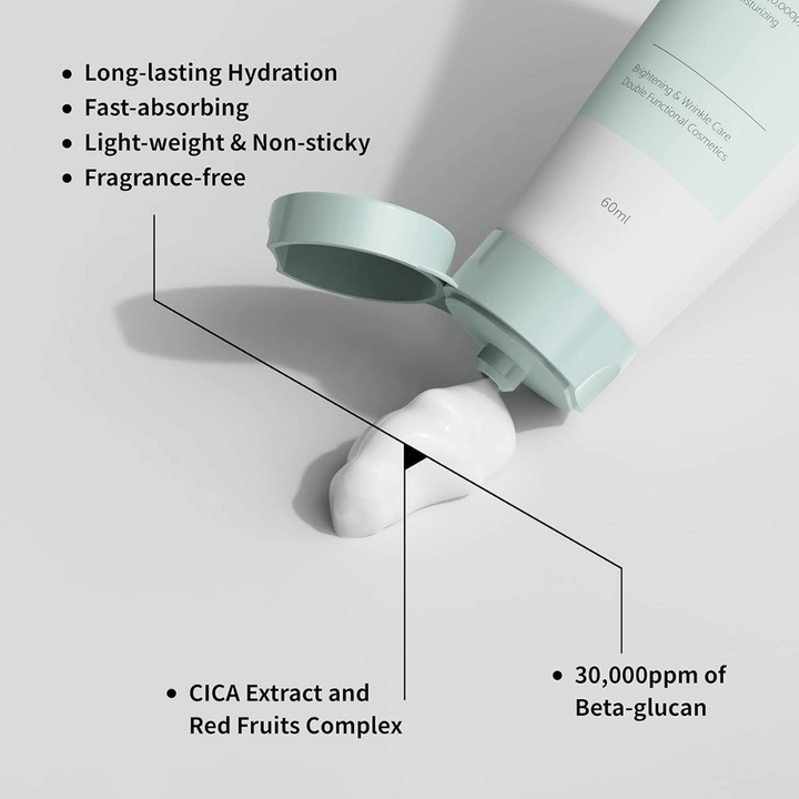 Nahaufnahme von iUNIK Beta-Glucan Daily Moisture Cream, bei der die Creme aus der Tube gedrückt wird. Das Bild hebt die leichte Konsistenz des Produkts und wichtige Eigenschaften wie langanhaltende Feuchtigkeitsversorgung, schnelle Absorption, ein nicht klebriges Gefühl, eine parfümfreie Formel, Beta-Glucan sowie beruhigende Inhaltsstoffe wie CICA-Extrakt hervor.