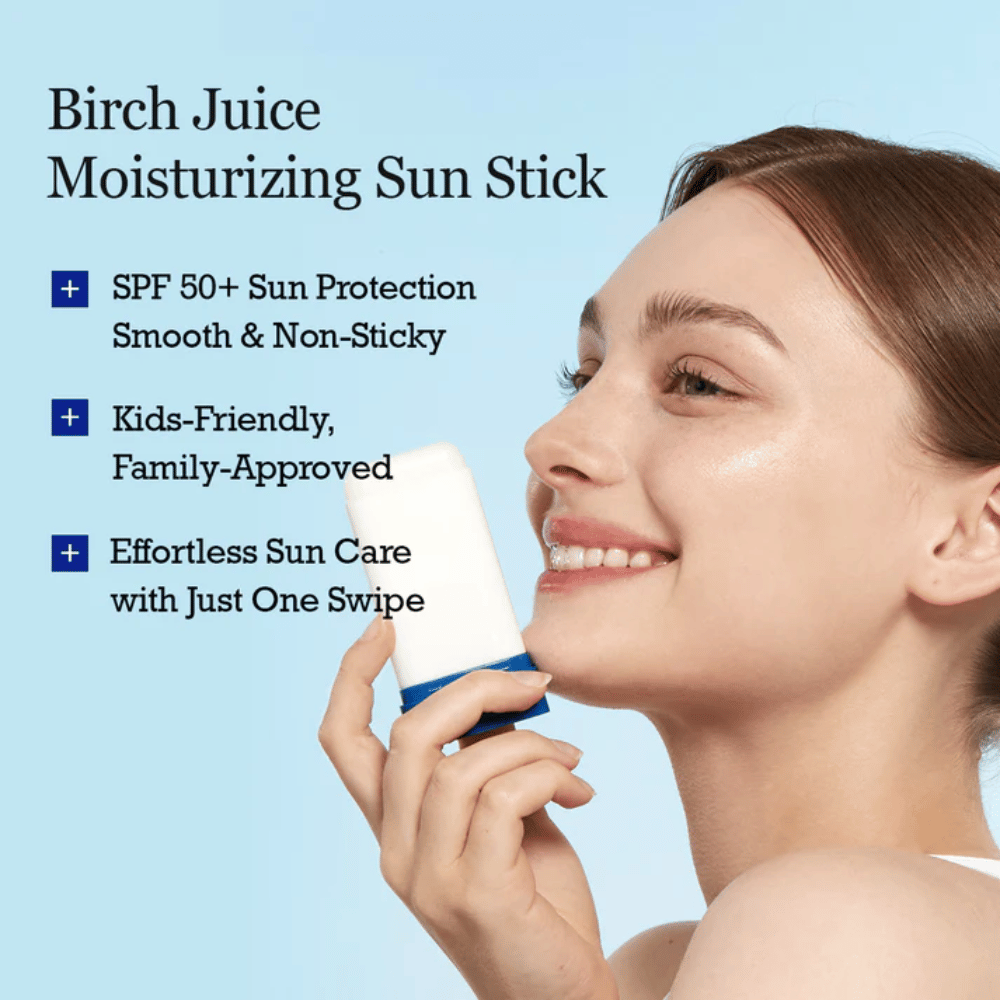 Person trägt ROUND LAB Birch Juice Moisturizing Sun Stick im Gesicht auf für sanften, feuchtigkeitsspendenden Sonnenschutz