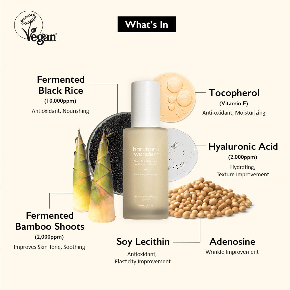Haruharu Wonder Black Rice Hyaluronic Anti-Wrinkle Serum mit fermentiertem schwarzem Reis, Hyaluronsäure und Vitamin E