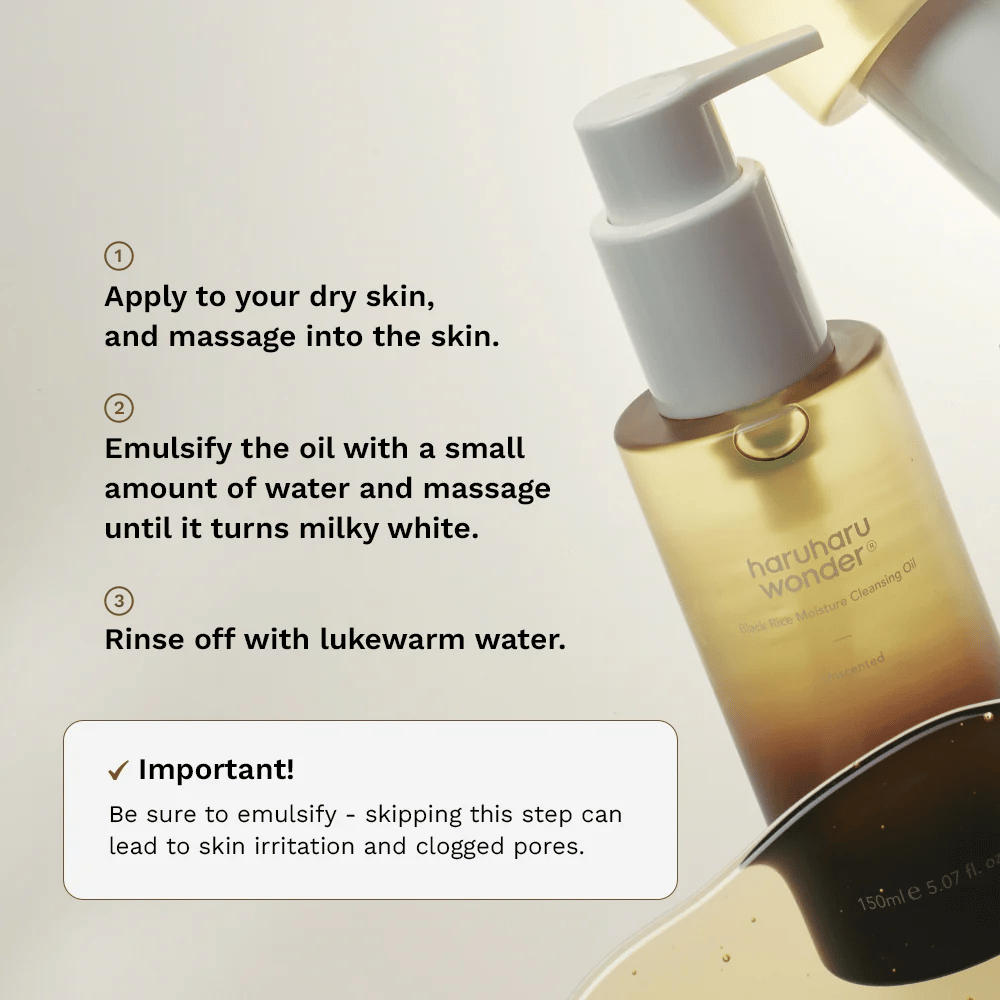 Haruharu Wonder Black Rice Moisture Cleansing Oil Anwendungshinweis – Reinigungsöl, das auf trockene Haut einmassiert, mit Wasser emulgiert und für eine effektive Make-up-Entfernung abgewaschen wird.