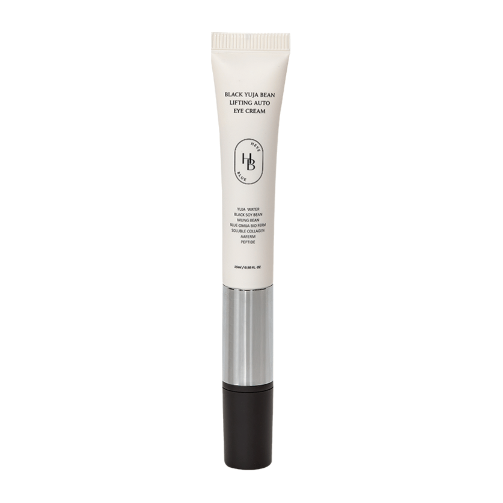 Produktbild von HEVE BLUE Black Yuja Bean Lifting Auto Eye Cream – eine Tube mit weißem Oberteil, silberner Mitte und schwarzem Applikator. Der Text auf der Verpackung listet Inhaltsstoffe wie Yuja-Wasser und schwarze Sojabohne auf.