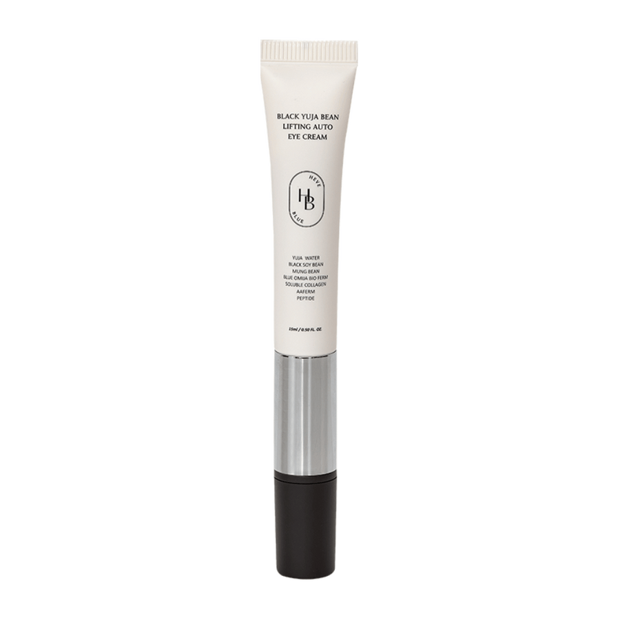 Produktbild av HEVE BLUE Black Yuja Bean Lifting Auto Eye Cream – en tub med vit ovandel, silvermitt och svart applikator. Text på förpackningen listar ingredienser som yuja water och black soy bean.