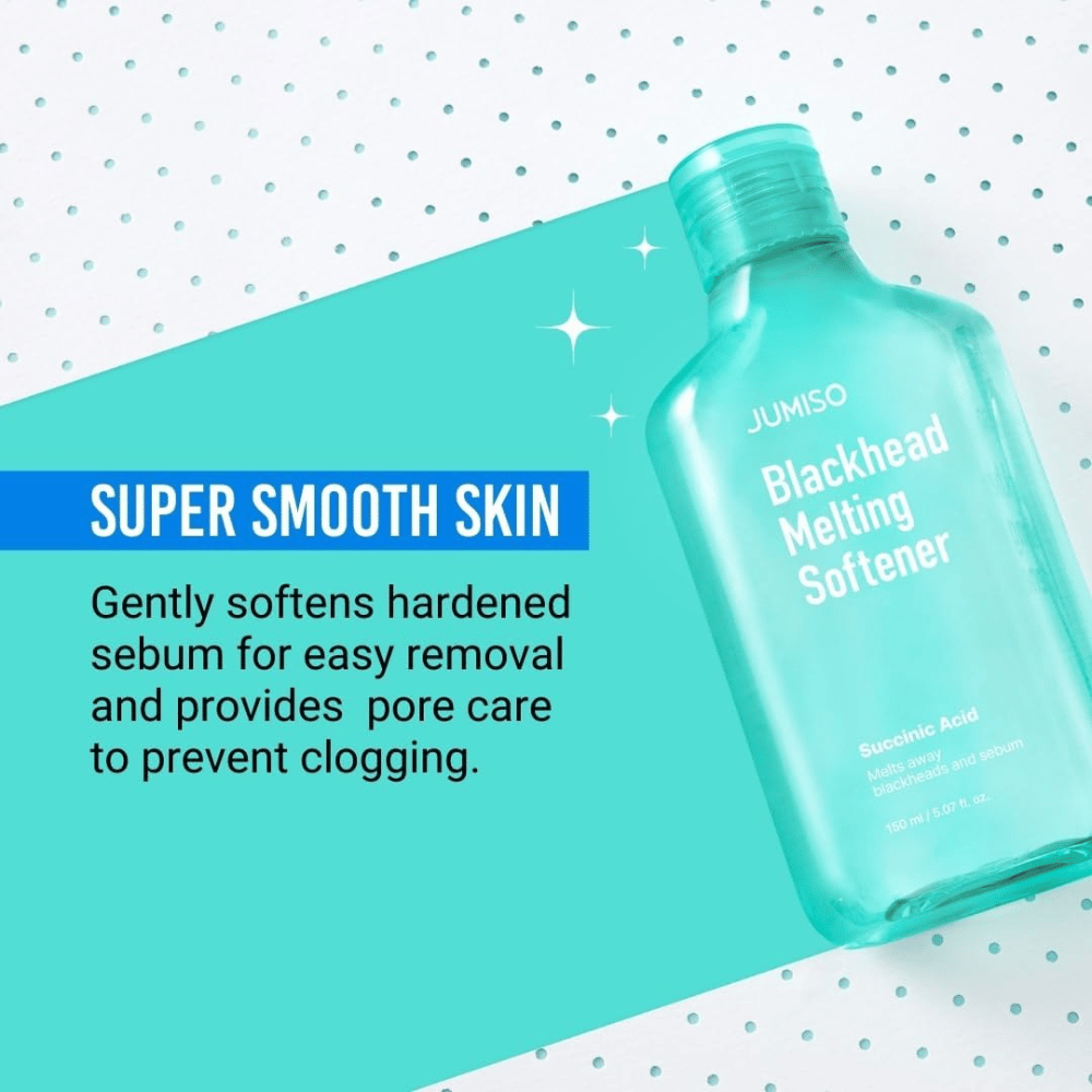 JUMISO Blackhead Melting Softener auf türkisem Hintergrund angezeigt. Der Text betont, dass das Produkt Sebum aufweicht und verstopfte Poren vorbeugt.