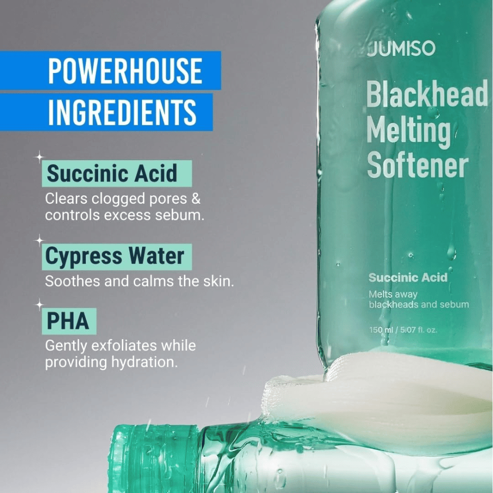 Nahaufnahme der JUMISO Blackhead Melting Softener-Flasche. Der Text zeigt die Schlüsselzutaten: Succinic Acid, Cypress Water und PHA für Porenreinigung.