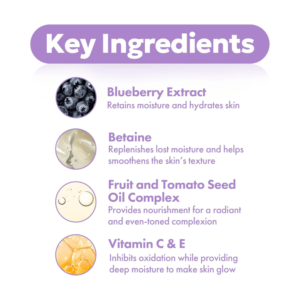 Schlüsselinhaltsstoffe in FRUDIA Blueberry Hydrating Serum mit Heidelbeerextrakt, Betain, Samenölkomplex sowie Vitamin C und E für feuchtigkeitsspendende und strahlende Haut.