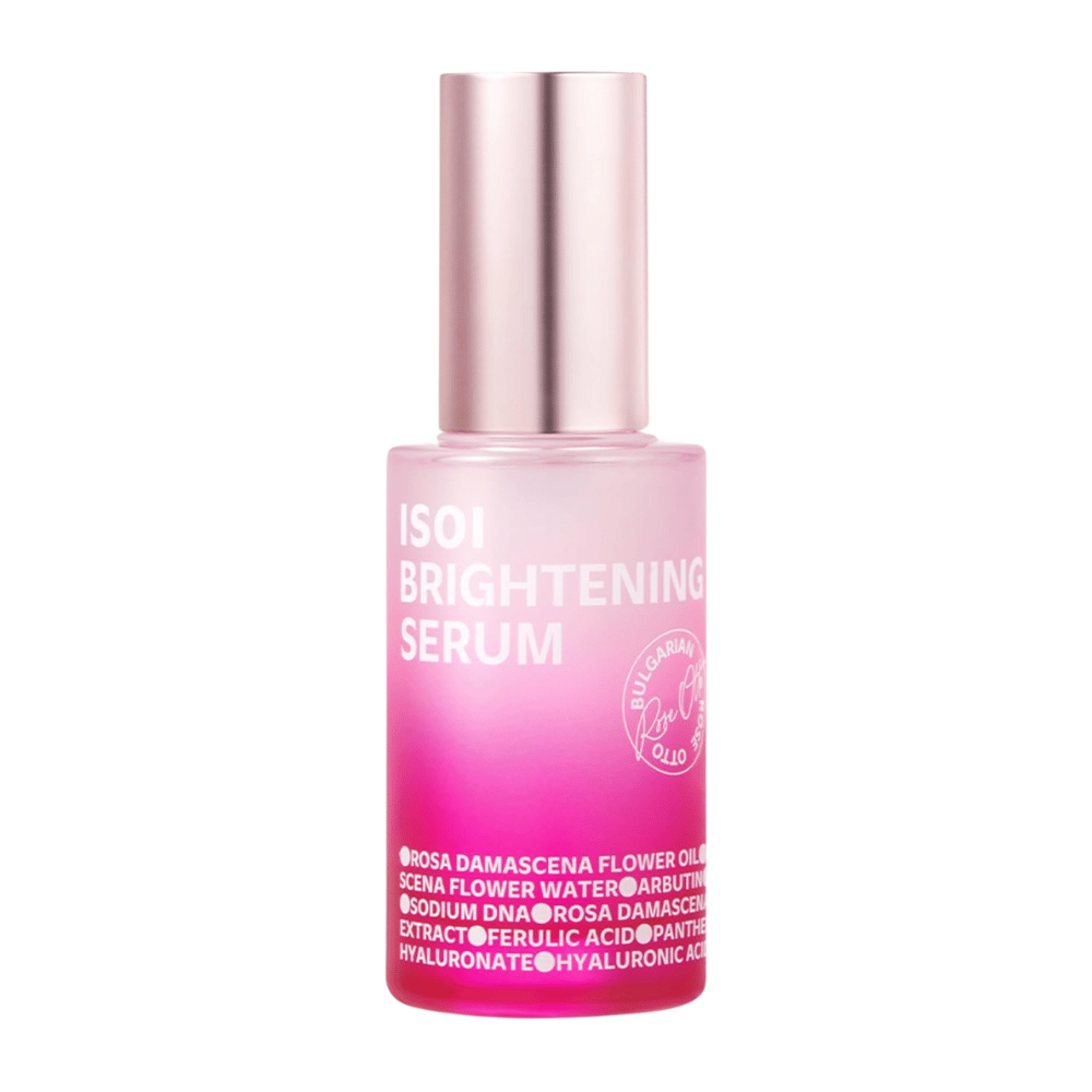 ISOI Brightening Serum 35 ml, glanzverleihendes Gesichtsserum mit Rose PDRN und Arbutin in einer rosa Glasflasche mit metallisch-rosa Deckel vor weißem Hintergrund.