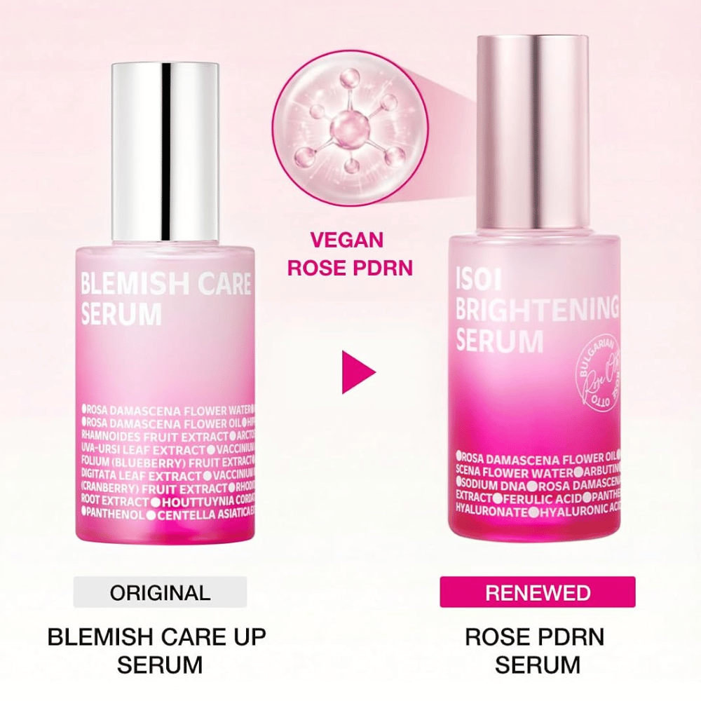 ISOI Brightening Serum mit veganem Rose PDRN. Vergleich zwischen dem Original Blemish Care Up Serum und der aktualisierten rosa Serumflasche.