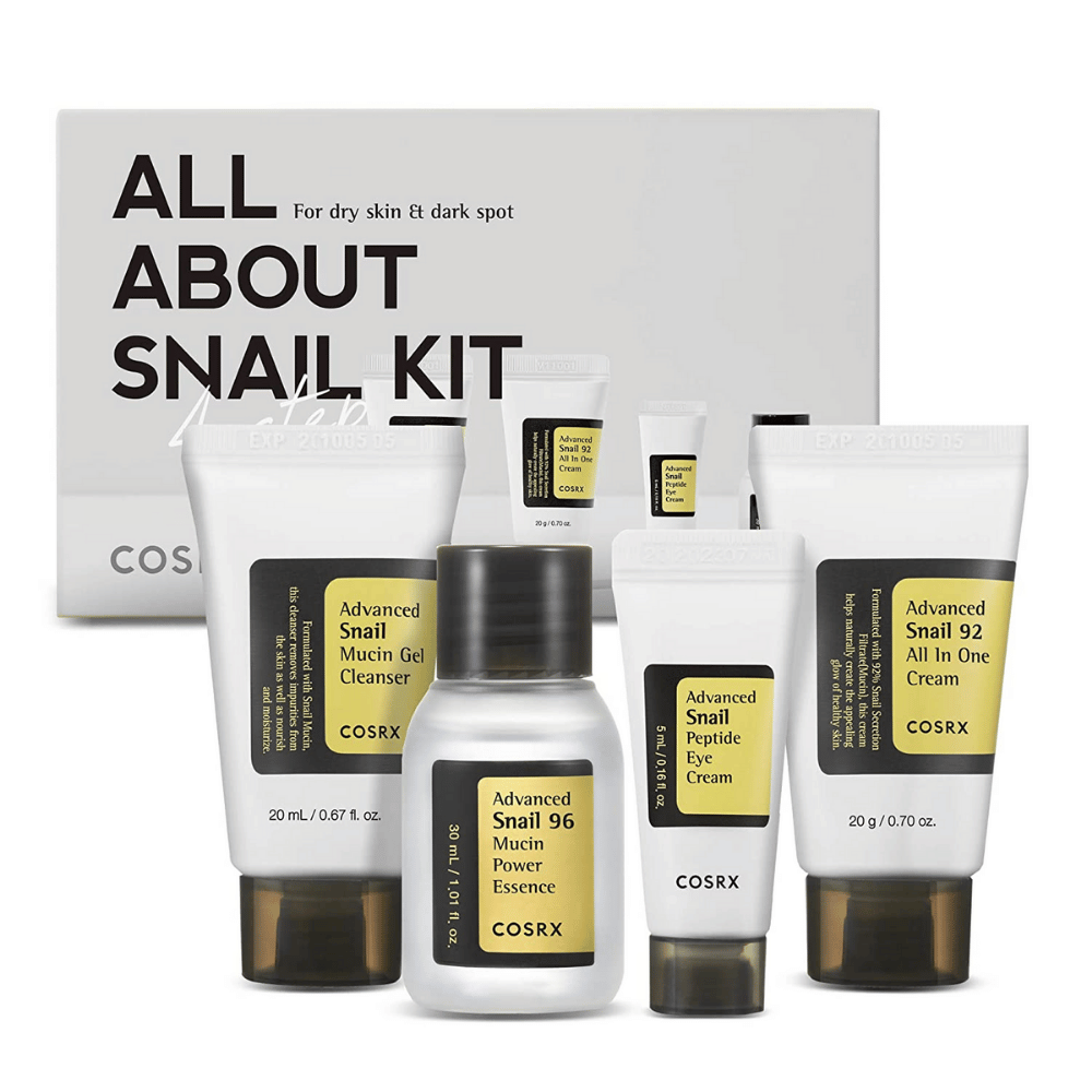 COSRX All About Snail Kit – koreanische Hautpflegebox mit Snail Mucin Cleanser, Essence, Eye Cream und All In One Cream für Feuchtigkeit und Reparatur.
