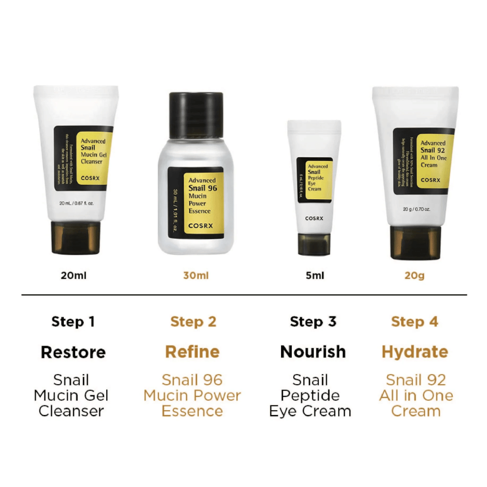COSRX All About Snail Kit – 4-stufige Hautpflegeroutine mit Snail Mucin Gel Cleanser 20ml, Snail 96 Mucin Power Essence 30ml, Snail Peptide Eye Cream 5ml und Snail 92 All In One Cream 20g.
