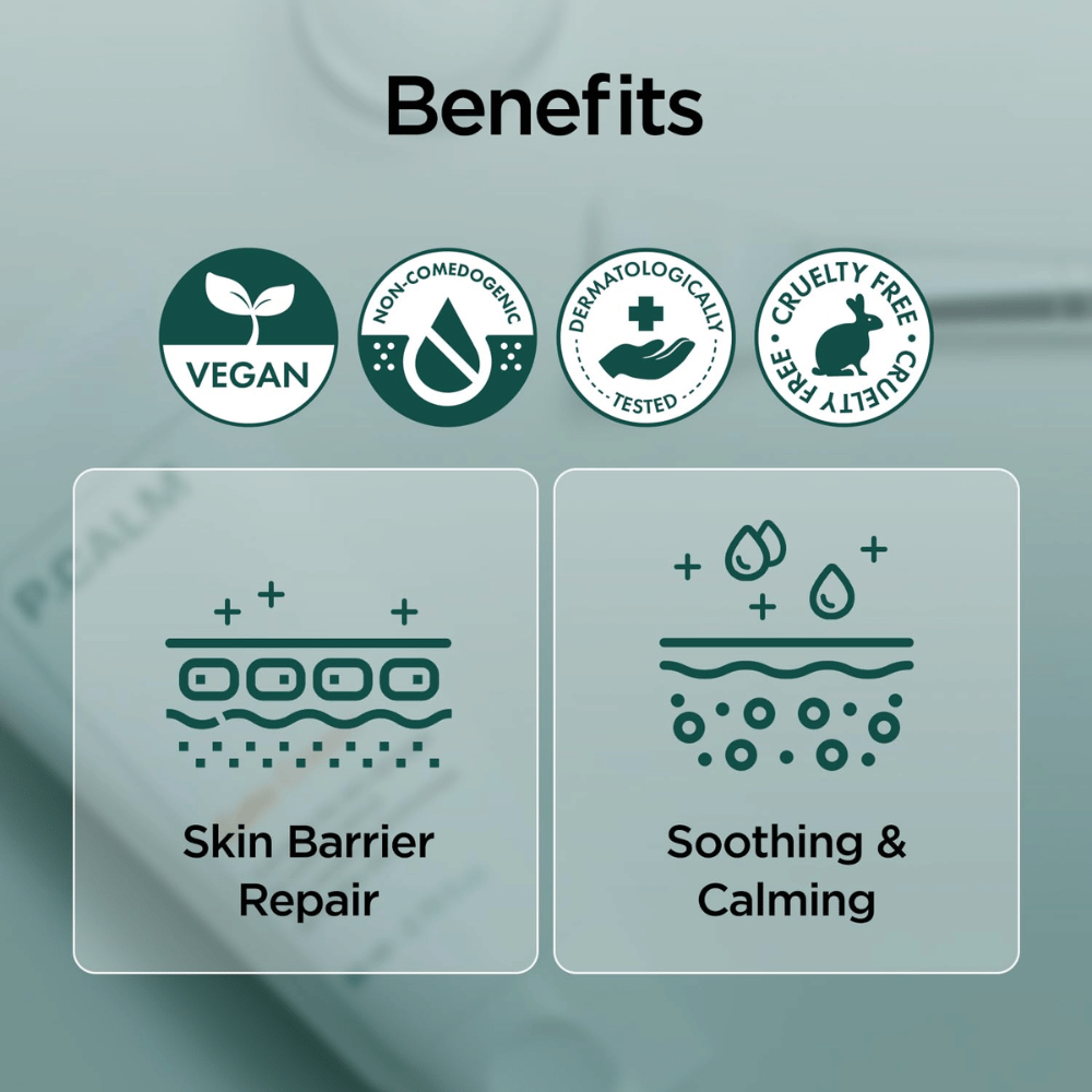 Grafische Übersichtsabbildung, die die Vorteile des Produkts hervorhebt, wie vegane Formel, non-comedogenic, dermatologisch getestet und cruelty-free. Der Fokus liegt auf der Reparatur der Hautbarriere sowie einer beruhigenden Wirkung für empfindliche Haut.