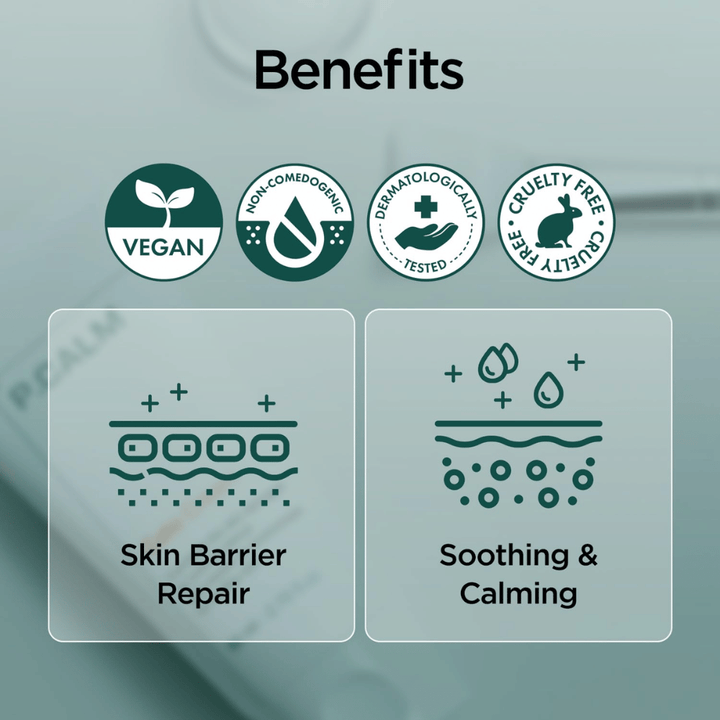 Grafische Übersichtsabbildung, die die Vorteile des Produkts hervorhebt, wie vegane Formel, non-comedogenic, dermatologisch getestet und cruelty-free. Der Fokus liegt auf der Reparatur der Hautbarriere sowie einer beruhigenden Wirkung für empfindliche Haut.
