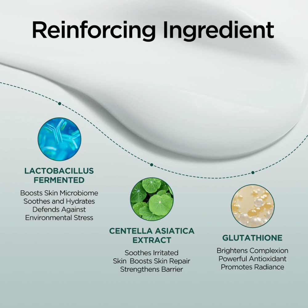 Informationsbild über die Schlüsselinhaltsstoffe in P.CALM Cato Cream, einschließlich Lactobacillus Ferment, Centella-Asiatica-Extrakt und Glutathion. Der Fokus liegt auf beruhigenden, feuchtigkeitsspendenden und barriere­stärkenden Eigenschaften.