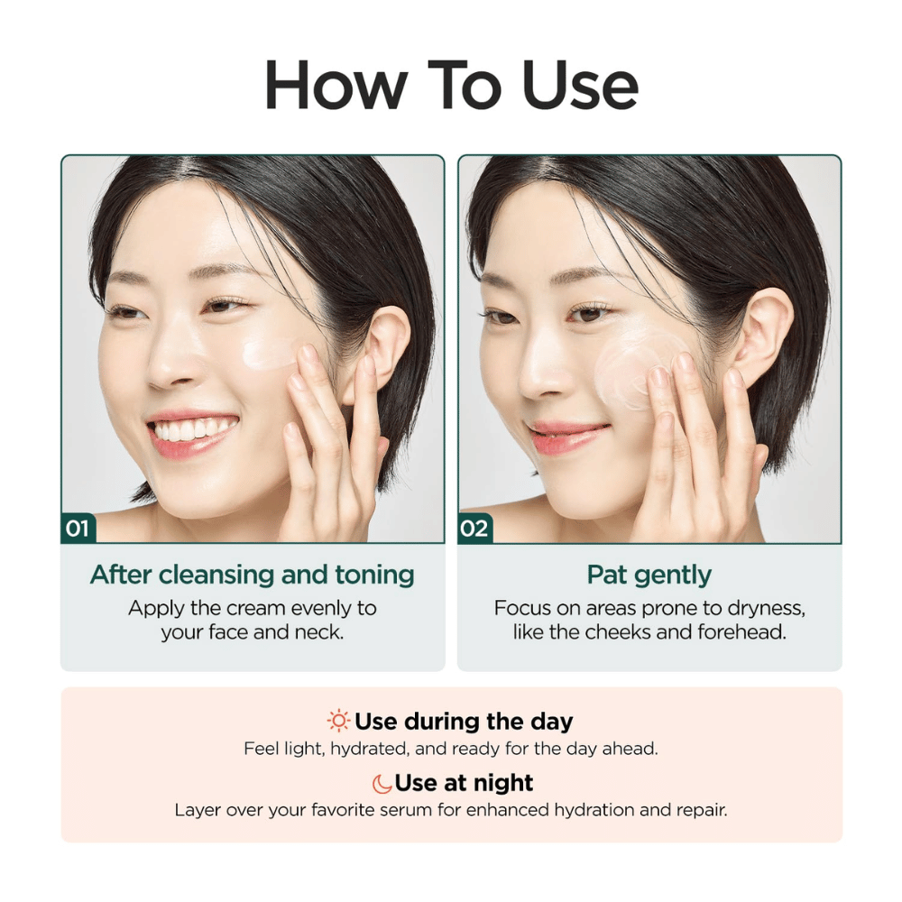 Instruktionsbild, das zeigt, wie P.CALM Cato Cream nach der Reinigung und gesichtswasser angewendet wird. Ein Model trägt die Creme auf die Wangen auf, und das Produkt wird sowohl tagsüber als auch nachts zur Feuchtigkeitsversorgung und Pflege der Hautbarriere empfohlen.