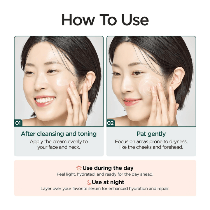 Instruktionsbild, das zeigt, wie P.CALM Cato Cream nach der Reinigung und gesichtswasser angewendet wird. Ein Model trägt die Creme auf die Wangen auf, und das Produkt wird sowohl tagsüber als auch nachts zur Feuchtigkeitsversorgung und Pflege der Hautbarriere empfohlen.