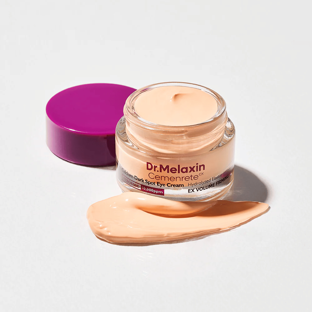 Dr.Melaxin Cemenrete Calcium Dark Spot Eye Cream in offener Dose mit Creme-Textur, Augencreme, die hilft, dunkle Ringe zu reduzieren und die Haut um die Augen zu straffen.