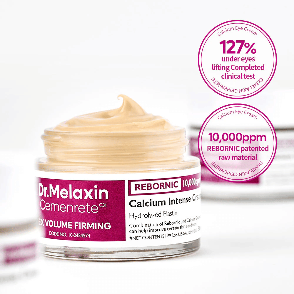 Dr.Melaxin Cemenrete Calcium Intense Cream mit klinischen Markern, zeigt 10 000 ppm Rebornic und Ergebnisse aus Tests zur Straffung und volumenfördernden Wirkung.