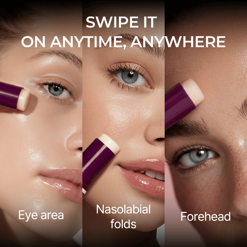 Dr. Melaxin Calcium Volume Multi Balm wird auf den Augenbereich, die Nasolabialfalten und die Stirn aufgetragen für eine straffende und volumengebende Wirkung.