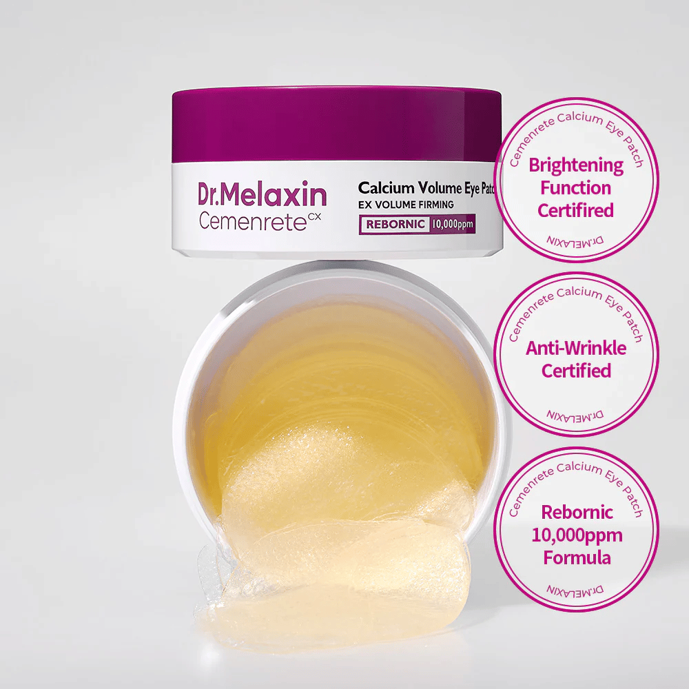 Offenes Glas mit Hydrogel-Augenpatches von Dr. Melaxin Cemenrete Calcium Volume Eye Patch mit Rebornic 10.000 ppm, zertifiziert für Anti-Falten und aufhellende Wirkung.
