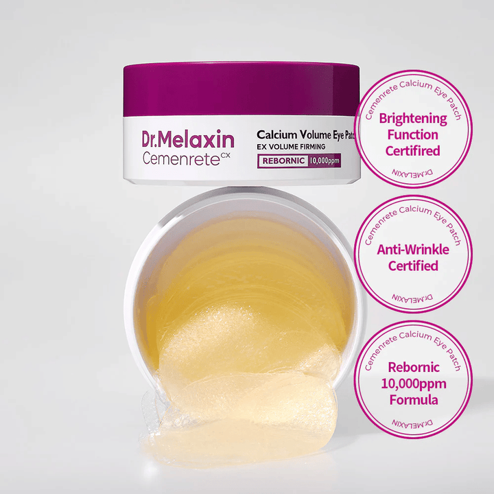 Offenes Glas mit Hydrogel-Augenpatches von Dr. Melaxin Cemenrete Calcium Volume Eye Patch mit Rebornic 10.000 ppm, zertifiziert für Anti-Falten und aufhellende Wirkung.