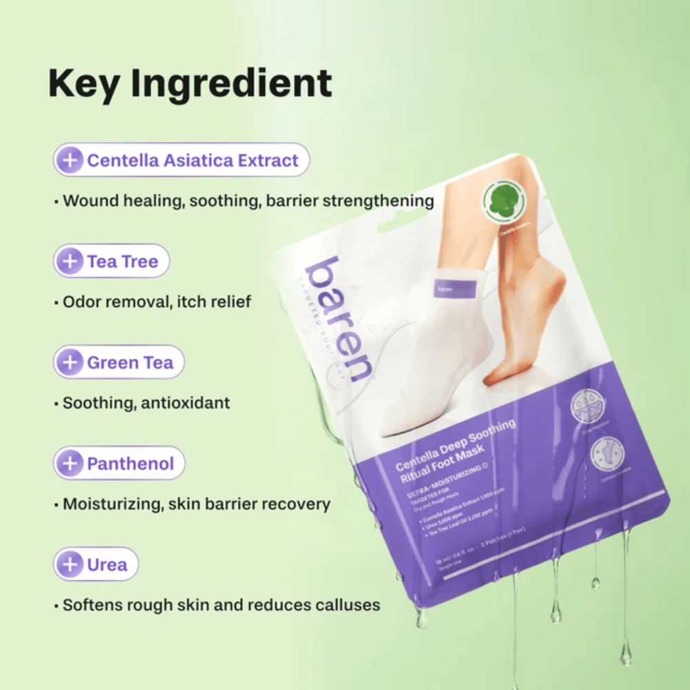 3. Baren Centella Deep Soothing Ritual Foot Mask – wichtige Inhaltsstoffe wie Centella Asiatica, tea tree, grüner Tee, Panthenol und Urea