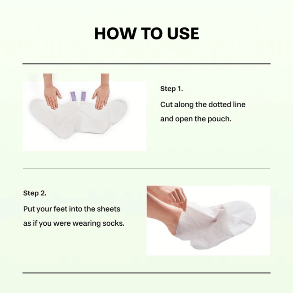 2. Baren Centella Deep Soothing Ritual Foot Mask – Schritt 1 und 2, die zeigen, wie die Verpackung geöffnet wird und die Fußmasken wie Socken angezogen werden