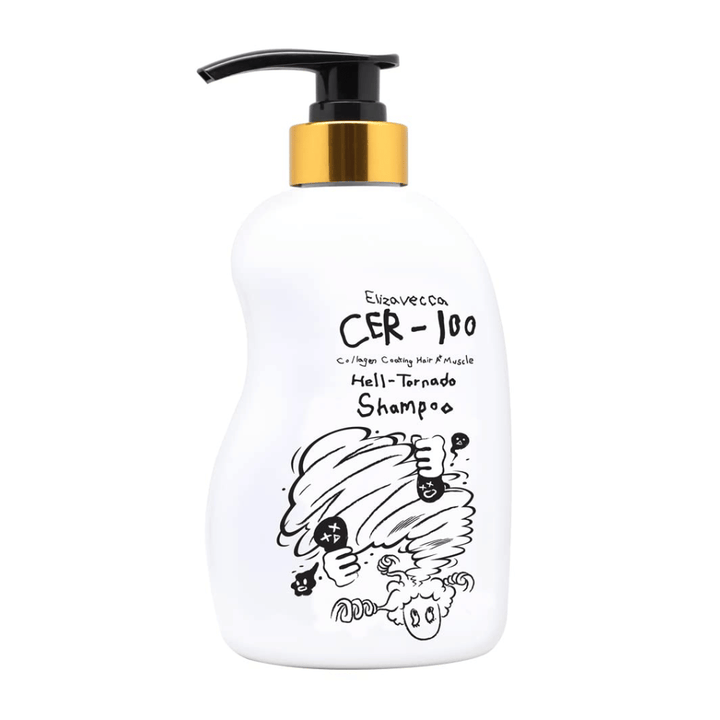 Produktbild von Elizavecca CER-100 Collagen Coating Hair A+ Muscle Helltornado Shampoo auf weißem Hintergrund. Die Verpackung wird deutlich mit Pumpflasche und der charakteristischen Illustration gezeigt, die die Serie kennzeichnet.