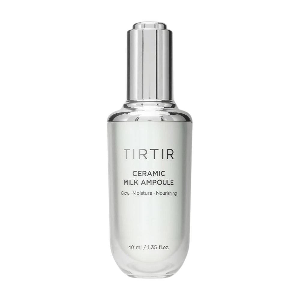  Eine durchsichtige Flasche TIRTIR Ceramic Milk Ampoule, gekennzeichnet mit "Glow - Moisture - Nourishing", auf einem weißen Hintergrund.