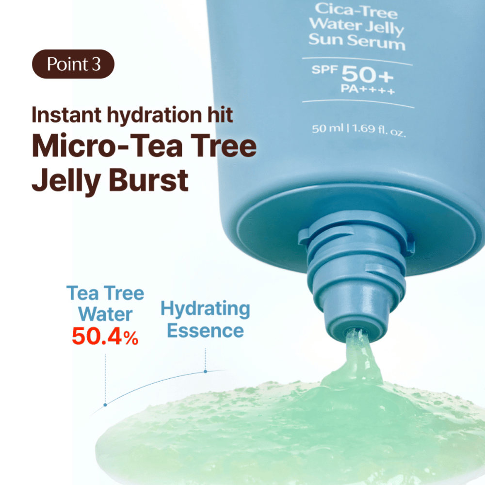Tage Cica-Tree Water Jelly Sun Serum SPF 50+ mit 50,4 % tea tree-Wasser. Nahaufnahme von grünem, feuchtigkeitsspendendem Gel, das aus der Tube gedrückt wird.