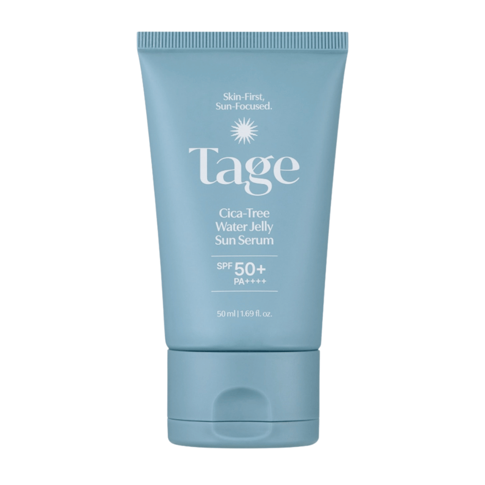 Tage Cica-Tree Water Jelly Sun Serum SPF 50+ PA++++ 50 ml, feuchtigkeitsspendendes Sonnenschutzserum in einer hellblauen Tube vor weißem Hintergrund.