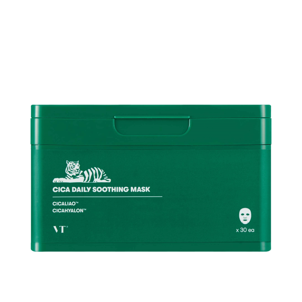 Grüne Verpackung mit dem Text "Cica Daily Soothing Mask" und einer weißen Illustration eines Tigers, enthält 30 Sheet-Masken.