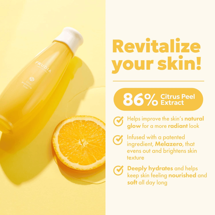 FRUDIA Citrus Brightening Toner mit 86 % Citrus Peel Extract – feuchtigkeitsspendender und glanzgebender Toner, der den natürlichen Glanz der Haut verbessert und weiche, strahlende Haut verleiht.