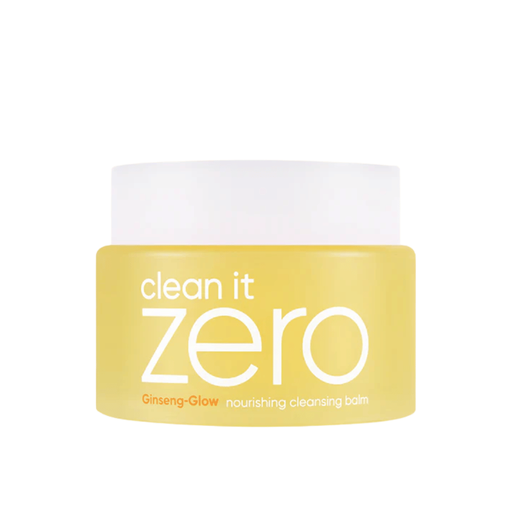 Clean It Zero Ginseng-Glow Nourishing Cleansing Balm in gelbem Behälter auf weißem Hintergrund, ein feuchtigkeitsspendender Reinigungsbalsam von BANILA CO, der effektiv Make-up und Unreinheiten entfernt.