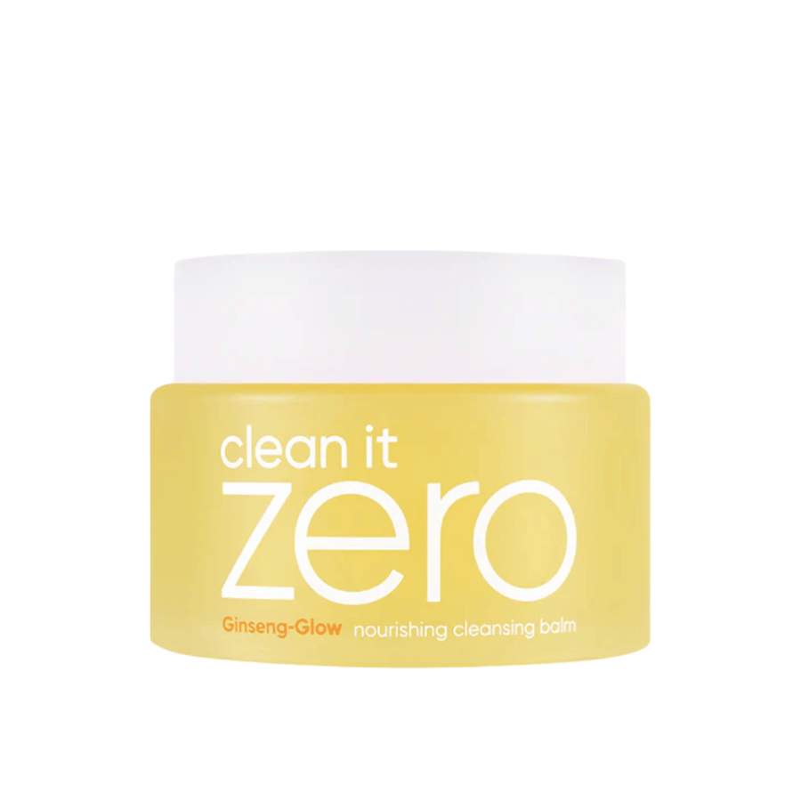Clean It Zero Ginseng-Glow Nourishing Cleansing Balm in gelbem Behälter auf weißem Hintergrund, ein feuchtigkeitsspendender Reinigungsbalsam von BANILA CO, der effektiv Make-up und Unreinheiten entfernt.