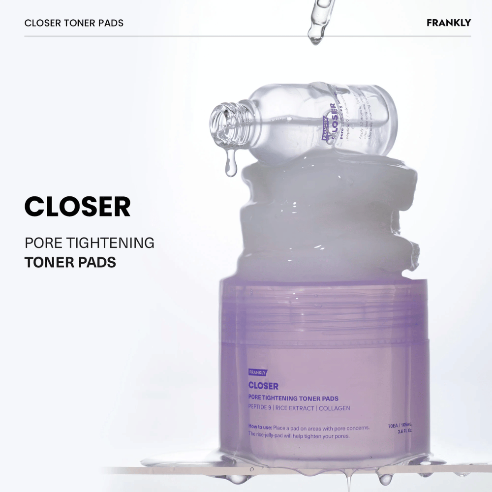 FRANKLY Closer Toner Pads mit tropfendem Toner. Zeigt das Produkt gefüllt mit feuchtigkeitsspendender Essenz zur Porenverfeinerung und aufgefrischter Haut.