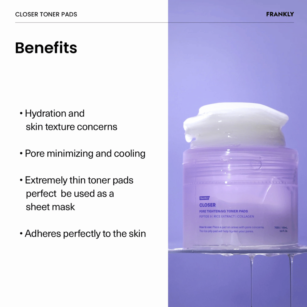 Lila Dose mit FRANKLY Closer Toner Pads gefüllt mit dünnen, feuchtigkeitsspendenden Pads. Text beschreibt Vorteile wie Porenverkleinerung und kühlende Wirkung.