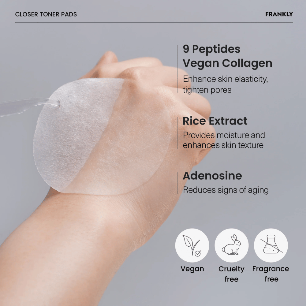 Nahaufnahme von FRANKLY Closer Toner Pad auf der Hand. Text zeigt Inhaltsstoffe wie 9 Peptide, veganes Kollagen, Reisextrakt und Adenosin. Vegan und cruelty-free.