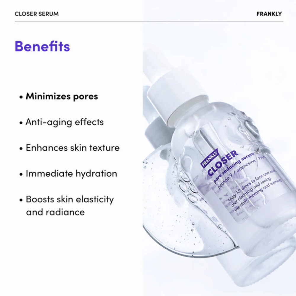 FRANKLY Closer Serum in durchsichtiger Flasche auf glänzender Oberfläche. Text hebt Vorteile wie minimierte Poren, Feuchtigkeit und verbesserte Hauttextur hervor.