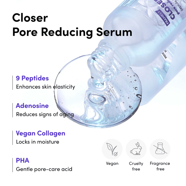 Närbild på FRANKLY Closer Pore Reducing Serum med ingredienser: 9 peptider, adenosin, veganskt kollagen och PHA. Vegansk och cruelty-free formula.