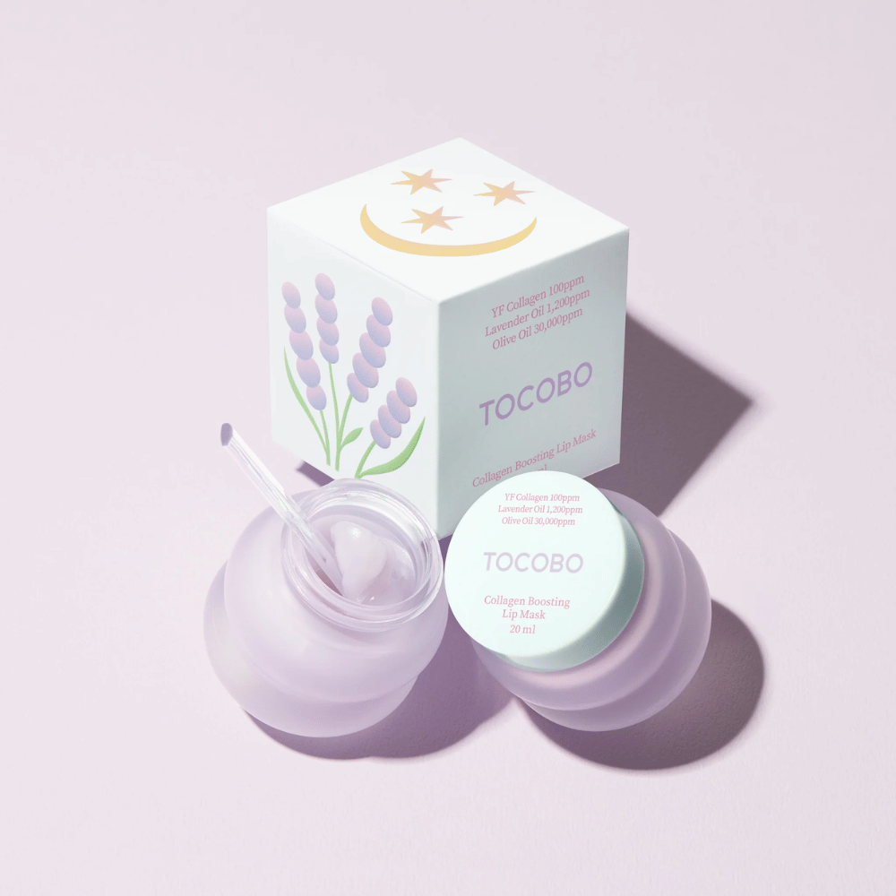 TOCOBO Collagen Boosting Lip Mask med förpackning dekorerad med lavendel och månsymboler.
