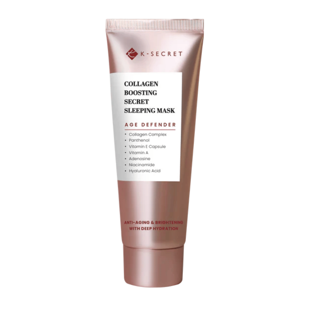 Produktbild von K-SECRET Collagen Boosting Secret Sleeping Mask in einer roségoldfarbenen Tube mit Text, der Anti-Aging, Feuchtigkeitspflege und Inhaltsstoffe wie Kollagen, Panthenol und Hyaluronsäure hervorhebt.