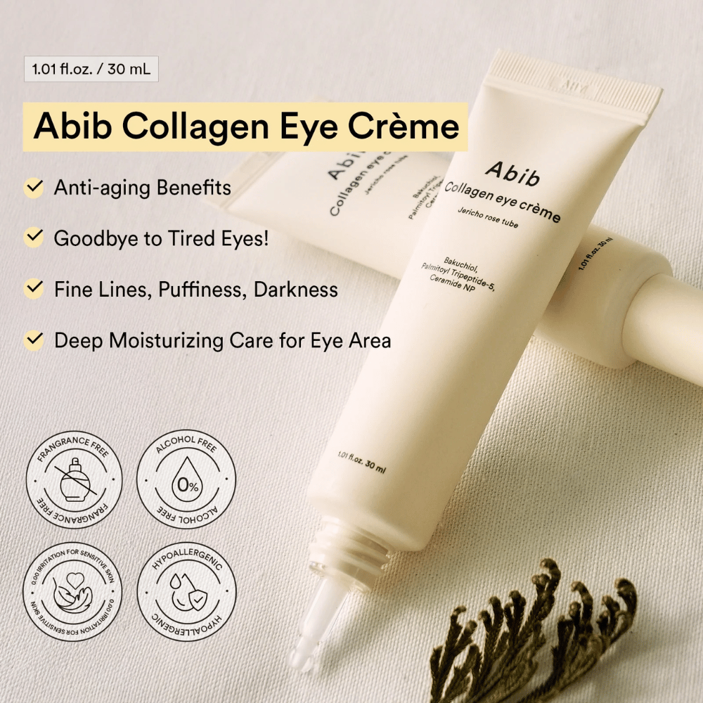 Abib Collagen Eye Crème mit Text über Anti-Aging und intensive Feuchtigkeit für den Augenbereich. Frei von Alkohol, Parfüm und hypoallergen.